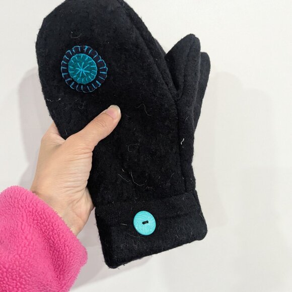 Handmade Felted Wool Fleece Lined Mittens Black Blue Green - Picture 2 of 3